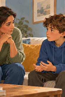 A caregiver listening seriously to a child during a calm conversation about harm