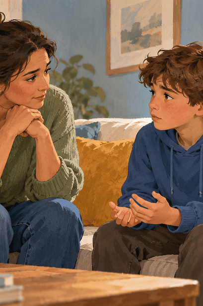 A caregiver listening seriously to a child during a calm conversation about harm