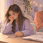 A preteen reflecting on a friendship breakup while a caregiver stays nearby