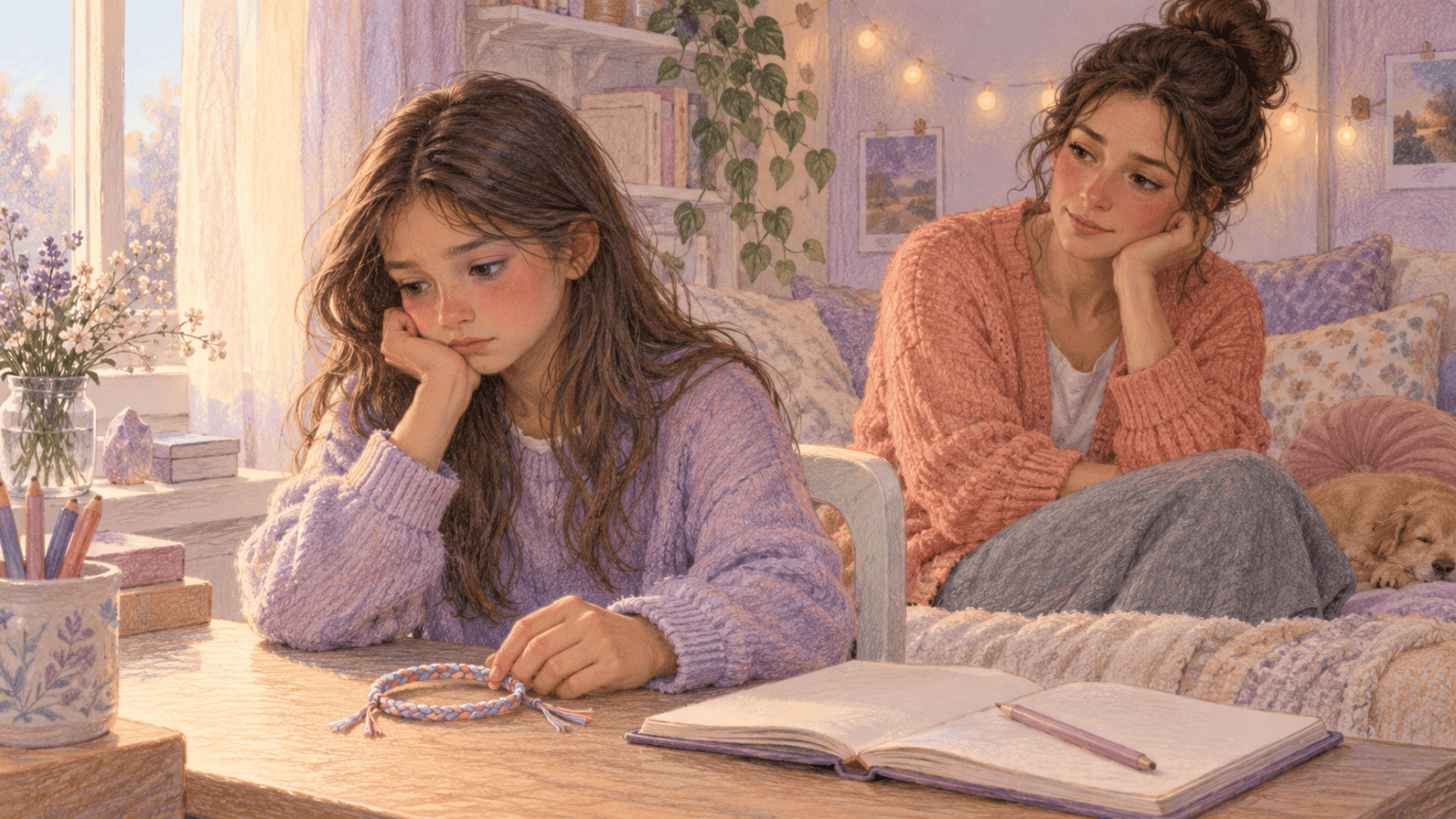 A preteen reflecting on a friendship breakup while a caregiver stays nearby
