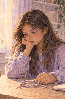 A preteen reflecting on a friendship breakup while a caregiver stays nearby
