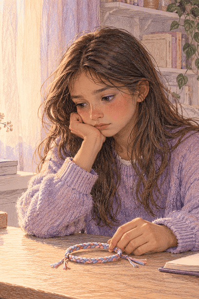 A preteen reflecting on a friendship breakup while a caregiver stays nearby