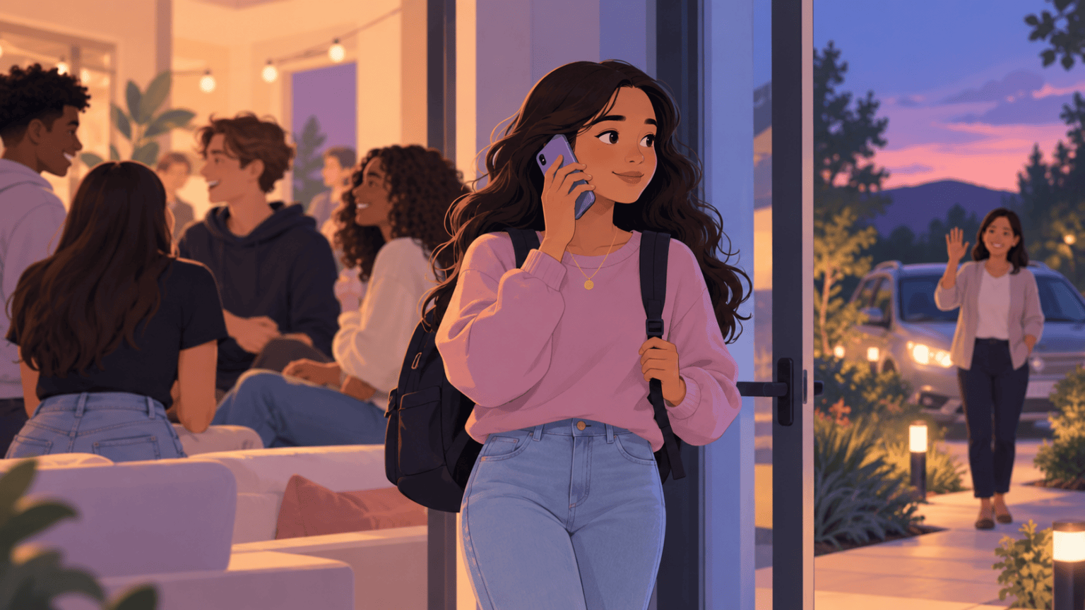 A teenager calling a caregiver while leaving an uncomfortable peer situation