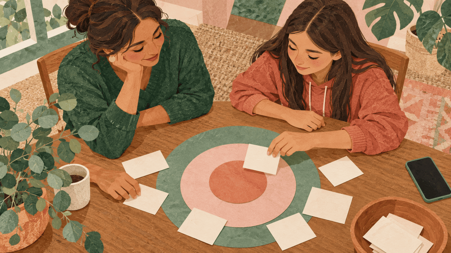 A caregiver and teenager mapping healthy friendship boundaries together