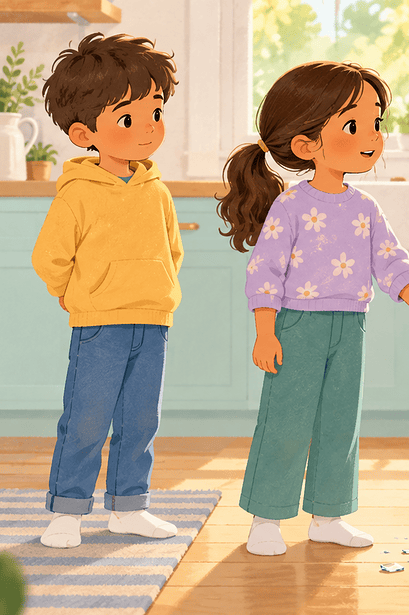 Two siblings telling a caregiver about broken glass on the kitchen floor