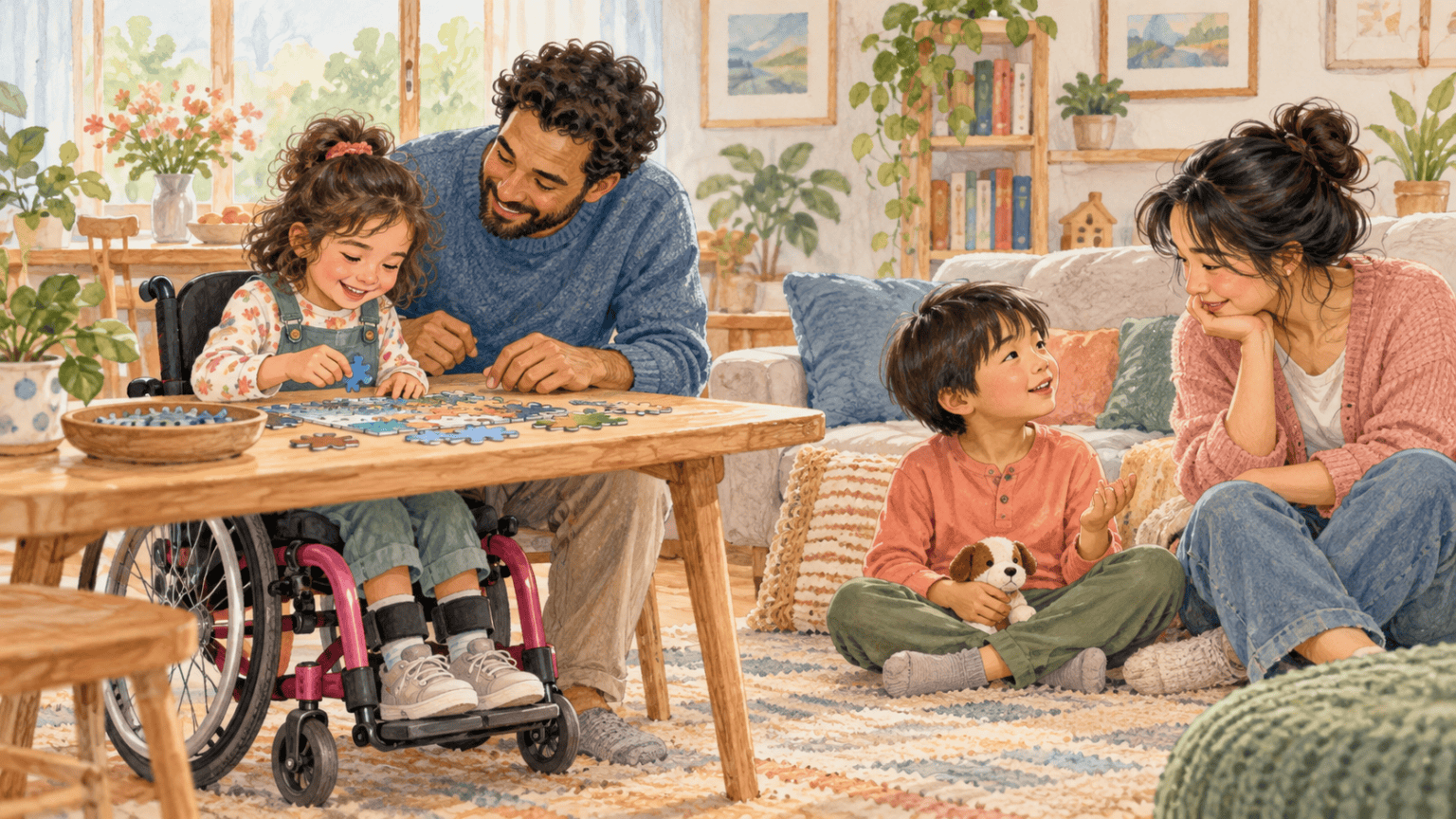 A family gives warm attention to siblings with different support needs