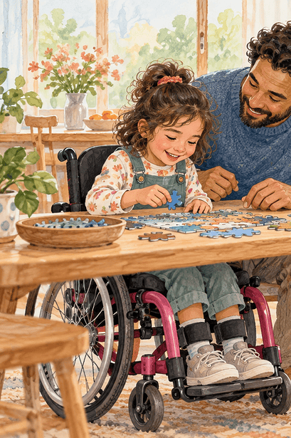 A family gives warm attention to siblings with different support needs