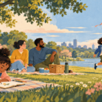 Stepsiblings enjoy separate activities during a relaxed family picnic