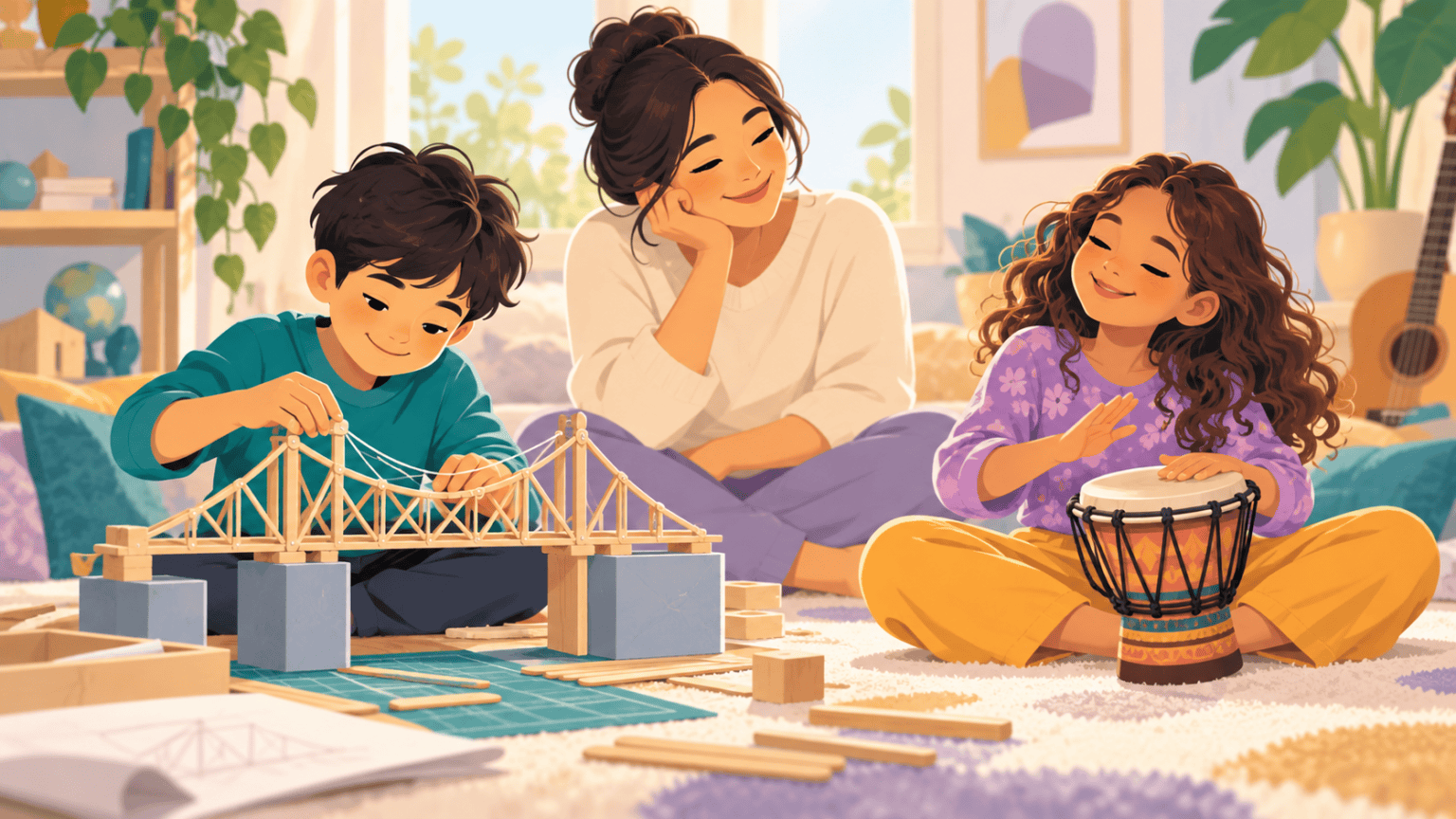 A caregiver appreciates two siblings enjoying different interests