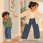 A caregiver calmly separates siblings and protects a frightened child