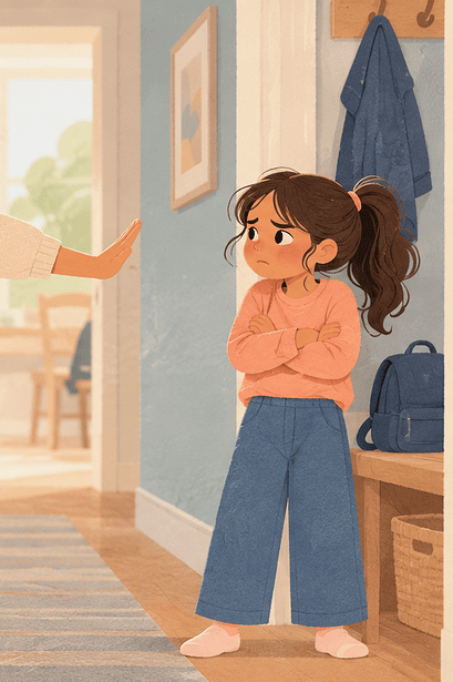 A caregiver calmly separates siblings and protects a frightened child