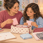 A caregiver and preteen prepare a discreet first-period kit together