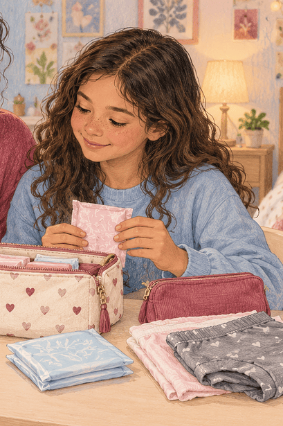 A caregiver and preteen prepare a discreet first-period kit together