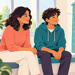 A caregiver and adolescent discuss puberty timing with a clinician