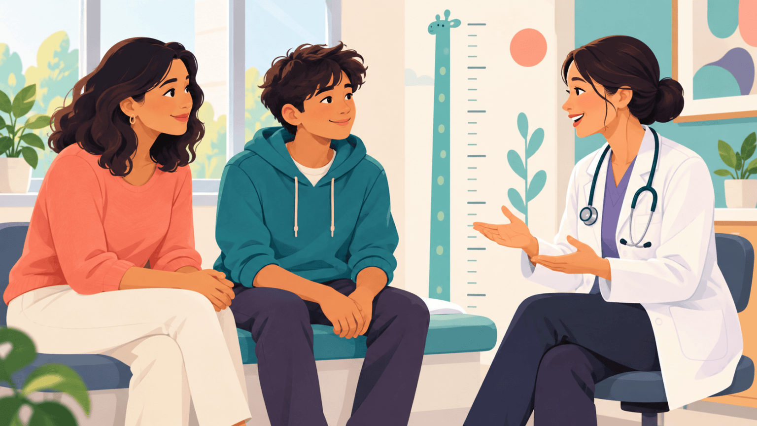 A caregiver and adolescent discuss puberty timing with a clinician