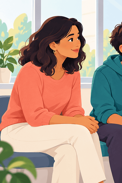 A caregiver and adolescent discuss puberty timing with a clinician