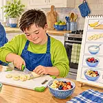 A teenager preparing a snack with a sibling and a simple picture checklist nearby