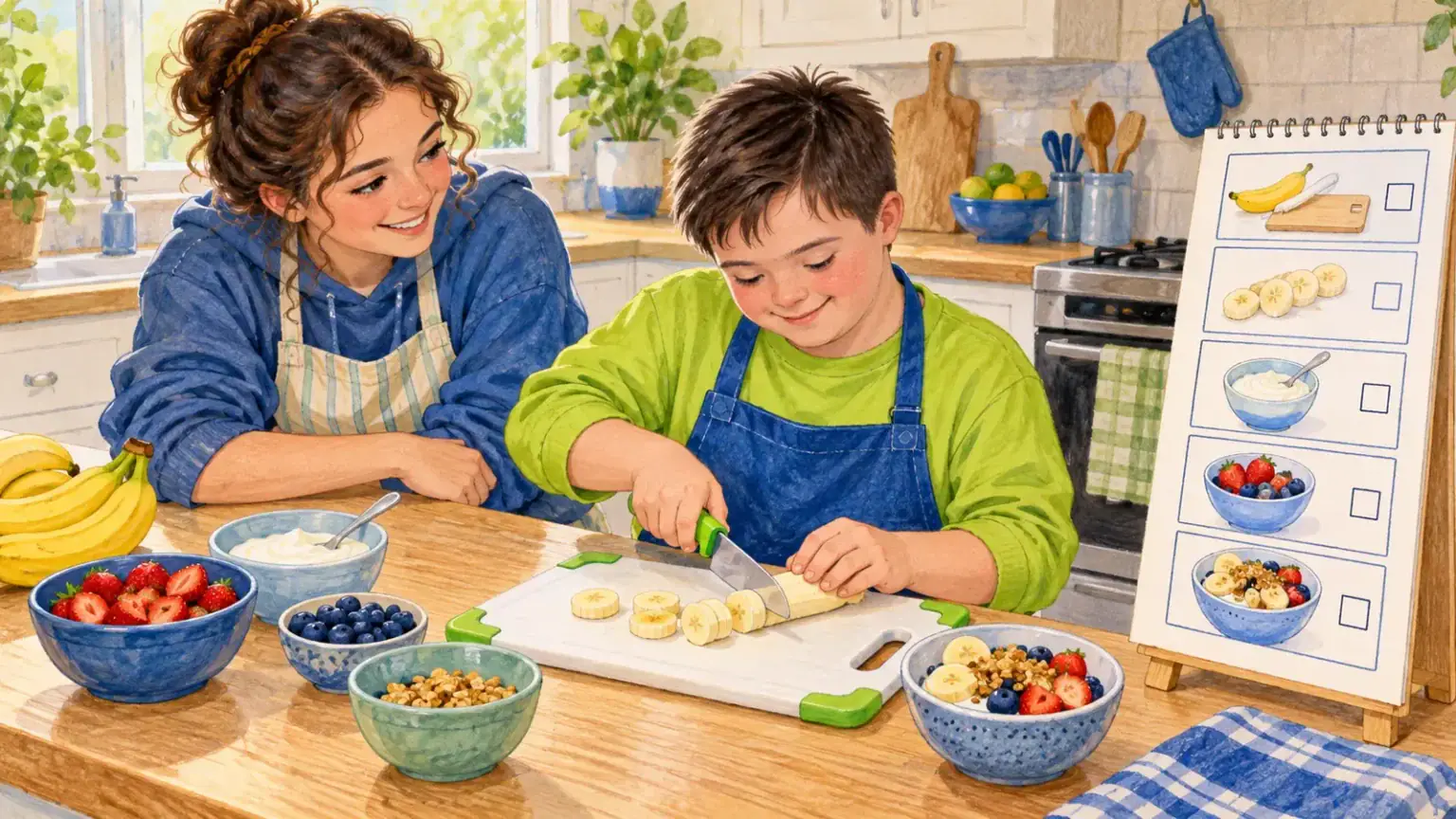 A teenager preparing a snack with a sibling and a simple picture checklist nearby