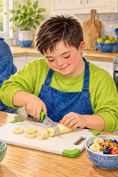 A teenager preparing a snack with a sibling and a simple picture checklist nearby