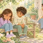Child sitting beside a sad friend on a garden bench