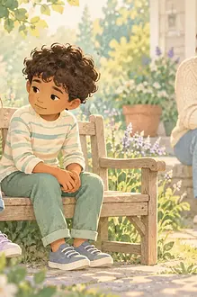 Child sitting beside a sad friend on a garden bench