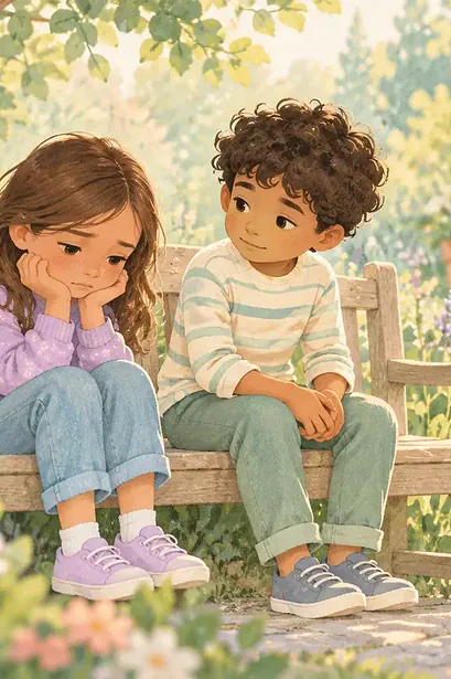 Child sitting beside a sad friend on a garden bench
