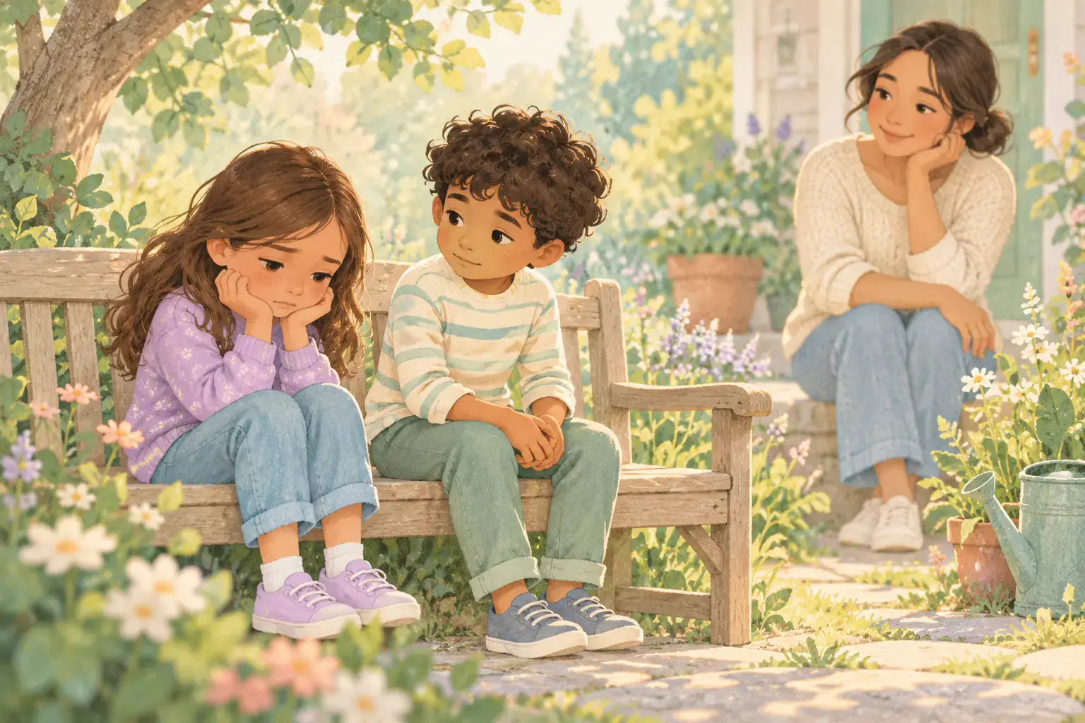 Child sitting beside a sad friend on a garden bench