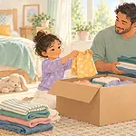 Father and child sorting clean clothes into a donation box