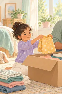 Father and child sorting clean clothes into a donation box
