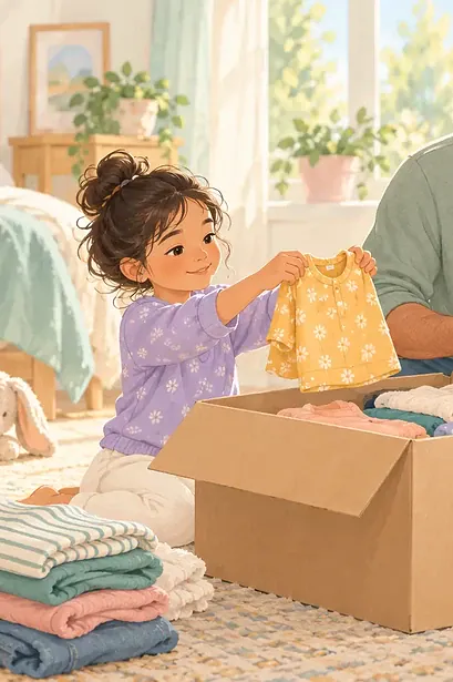Father and child sorting clean clothes into a donation box