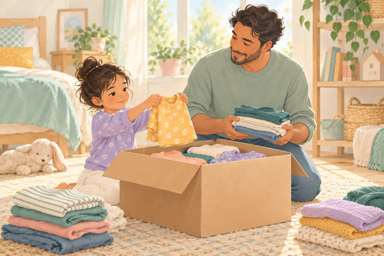 Father and child sorting clean clothes into a donation box