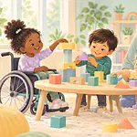 Children, including a child using a wheelchair, building together at a reachable table