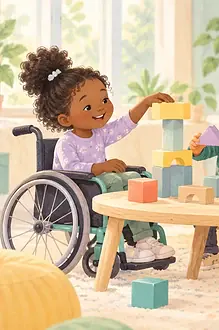 Children, including a child using a wheelchair, building together at a reachable table