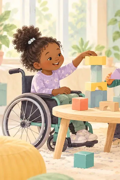 Children, including a child using a wheelchair, building together at a reachable table