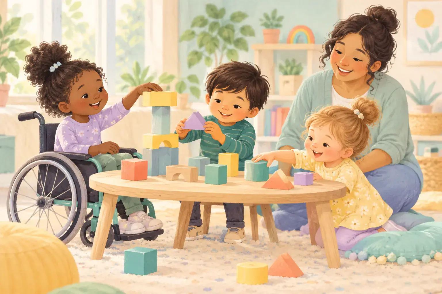 Children, including a child using a wheelchair, building together at a reachable table
