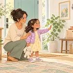 Child greeting a relative from a comfortable distance beside a parent