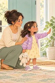 Child greeting a relative from a comfortable distance beside a parent