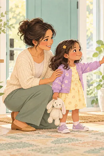 Child greeting a relative from a comfortable distance beside a parent