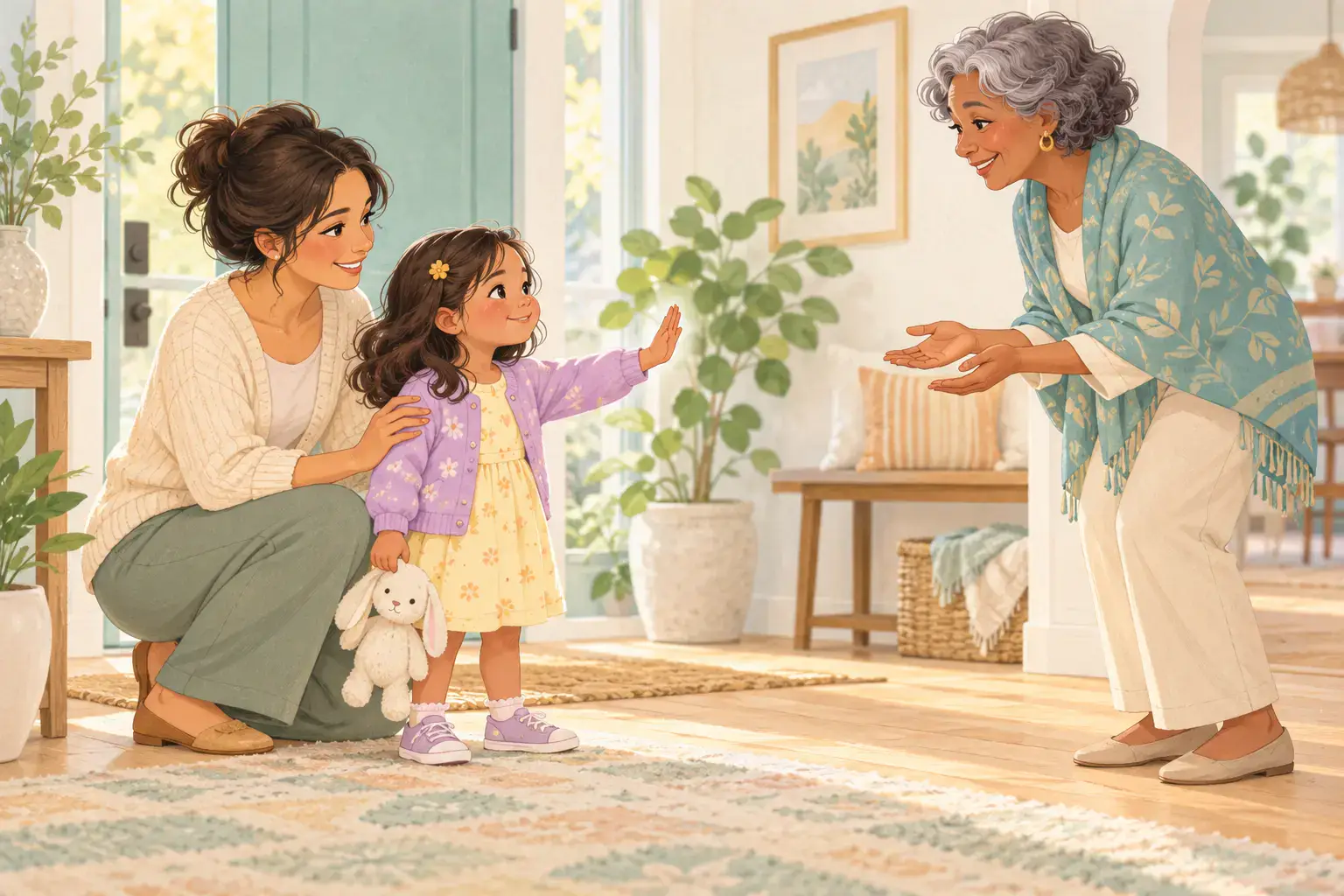 Child greeting a relative from a comfortable distance beside a parent