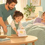 Father and child bringing a card and water bottle to a resting mother