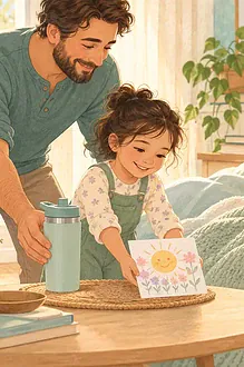 Father and child bringing a card and water bottle to a resting mother