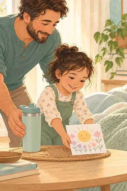 Father and child bringing a card and water bottle to a resting mother