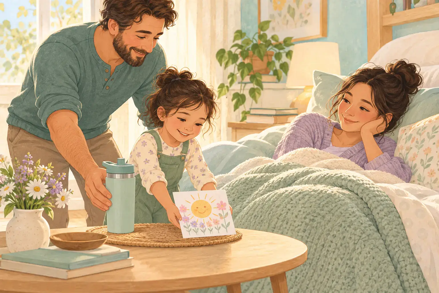 Father and child bringing a card and water bottle to a resting mother