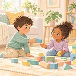 Child offering a block while another child rebuilds a tower