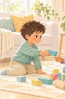 Child offering a block while another child rebuilds a tower