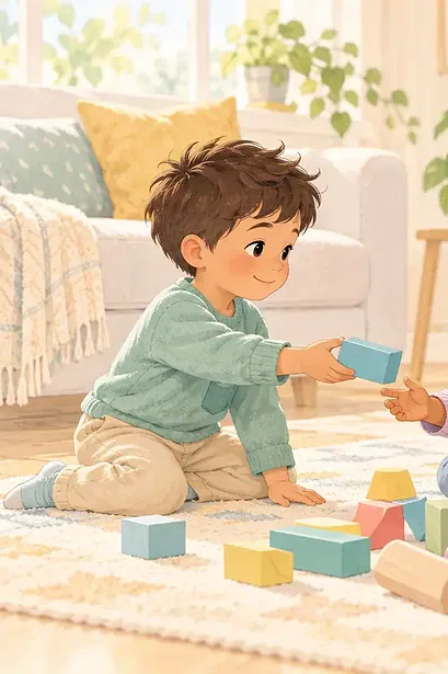 Child offering a block while another child rebuilds a tower