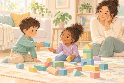 Child offering a block while another child rebuilds a tower