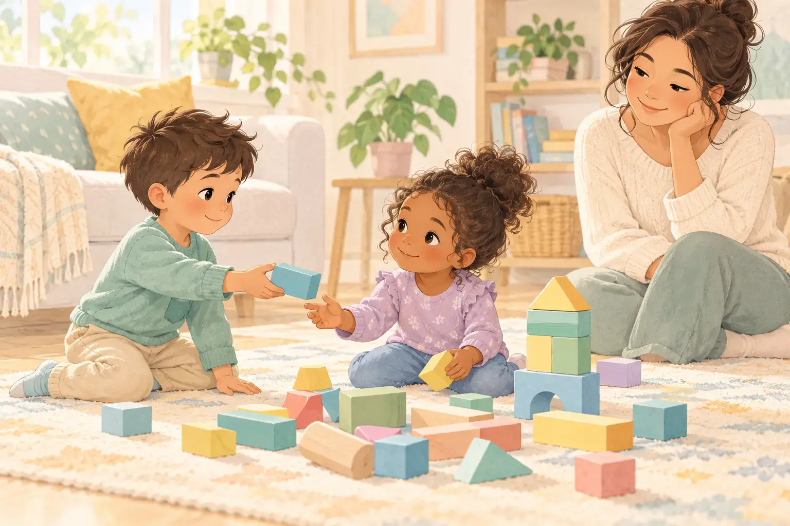Child offering a block while another child rebuilds a tower