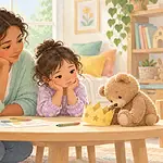 Mother and child thinking together beside a teddy bear and paper crown