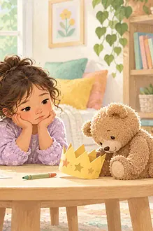 Mother and child thinking together beside a teddy bear and paper crown